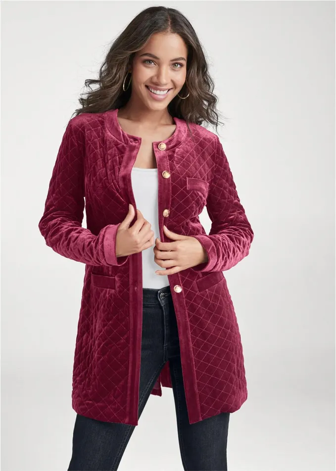 Quilted Velvet Long Jacket Wine Women VENUS Jackets