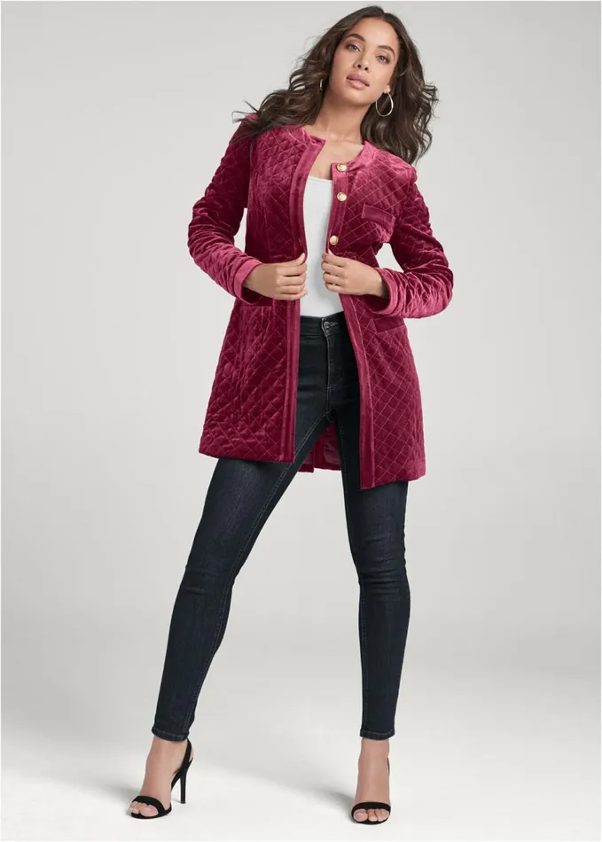 Quilted Velvet Long Jacket Wine Women VENUS Jackets