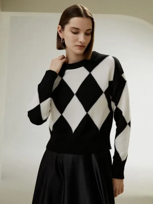 Round Neck Diamond Pattern Cashmere Sweater Women Lilysilk Knitwear