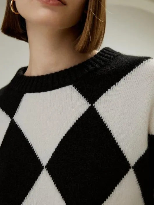 Round Neck Diamond Pattern Cashmere Sweater Women Lilysilk Knitwear