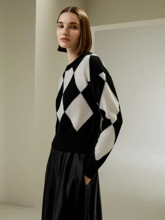 Round Neck Diamond Pattern Cashmere Sweater Women Lilysilk Knitwear