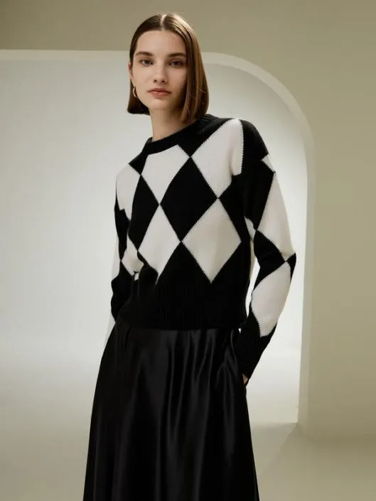 Round Neck Diamond Pattern Cashmere Sweater Women Lilysilk Knitwear