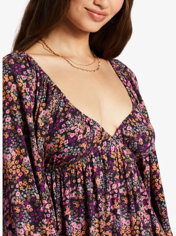 Roxy Dresses Sweetest Shores Puff Sleeve Dress Anthracite Floral Daze 8211 Women