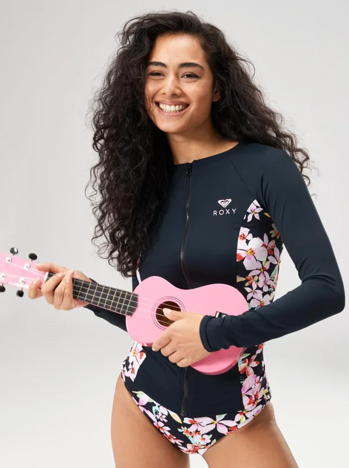 Roxy Rashguards Full Zipped Mix Print Long Sleeve Lycra Surf Tee Anthracite New Life 8211 Women Roxy Rashguards Full Zipped Mix Print Long Sleeve Lycra Surf Tee Anthracite New Life 8211 Women