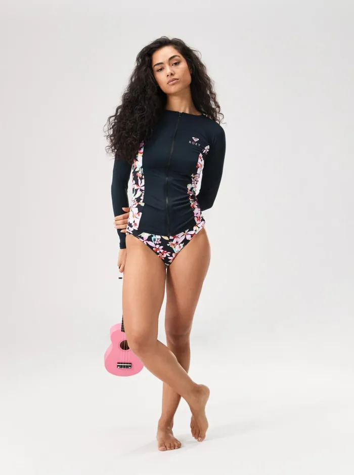 Roxy Rashguards Full Zipped Mix Print Long Sleeve Lycra Surf Tee Anthracite New Life 8211 Women