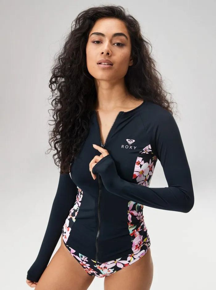 Roxy Rashguards Full Zipped Mix Print Long Sleeve Lycra Surf Tee Anthracite New Life 8211 Women