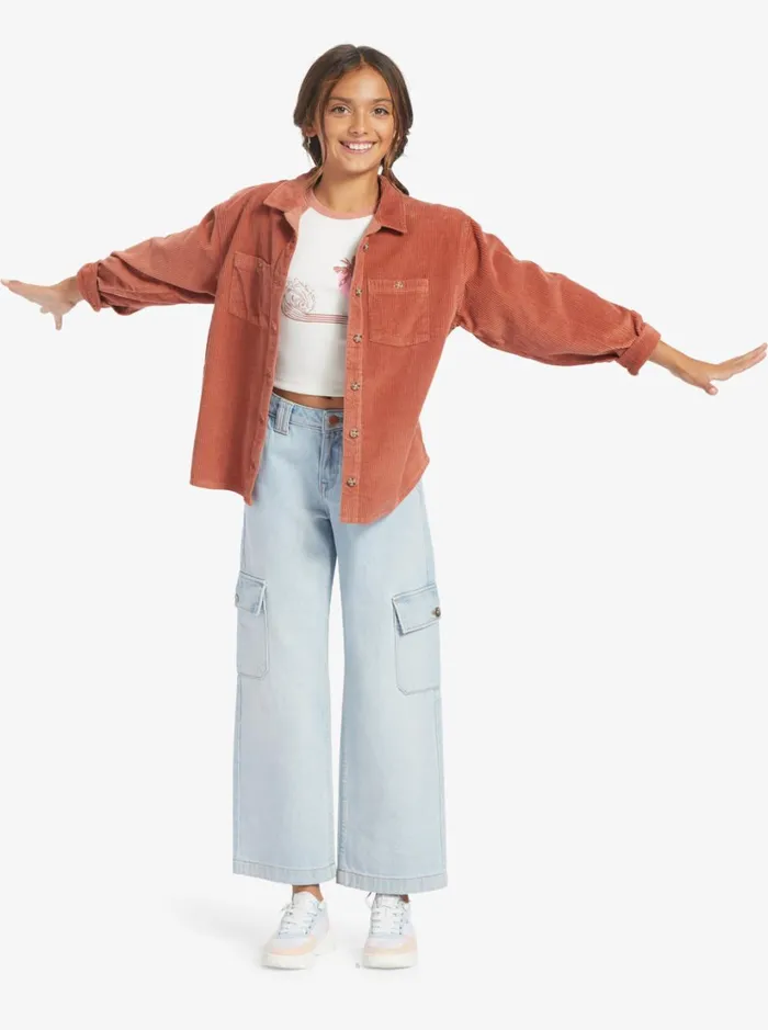 Roxy Tees and Tanks Girls039 416 Something Beautiful Solid Oversized Corduroy Shirt Cedar Wood 8211 Women