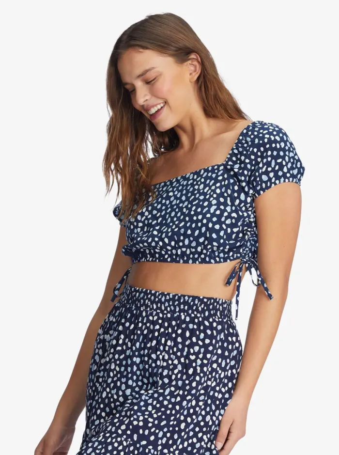 Roxy Tops Dear Amor Indigo Short Sleeve Crop Top Mood Indigo Wild Dots 8211 Women