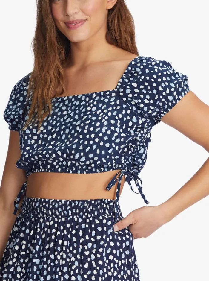 Roxy Tops Dear Amor Indigo Short Sleeve Crop Top Mood Indigo Wild Dots 8211 Women