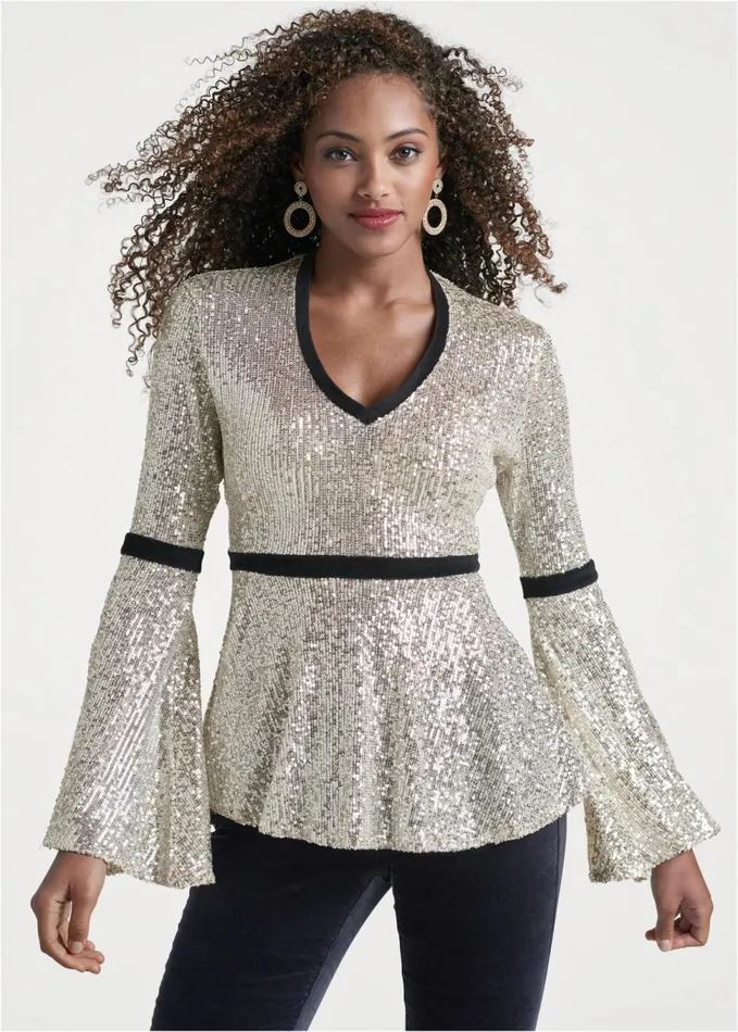 SEQUIN BELL SLEEVE TOP Champagne Women VENUS Night Out Tops