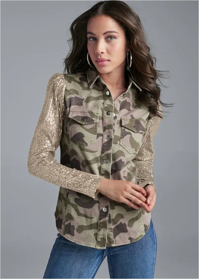 SEQUIN SLEEVE CAMO TOP Olive Multi Women VENUS Night Out Tops