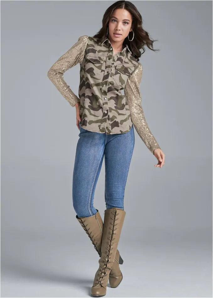 SEQUIN SLEEVE CAMO TOP Olive Multi Women VENUS Night Out Tops