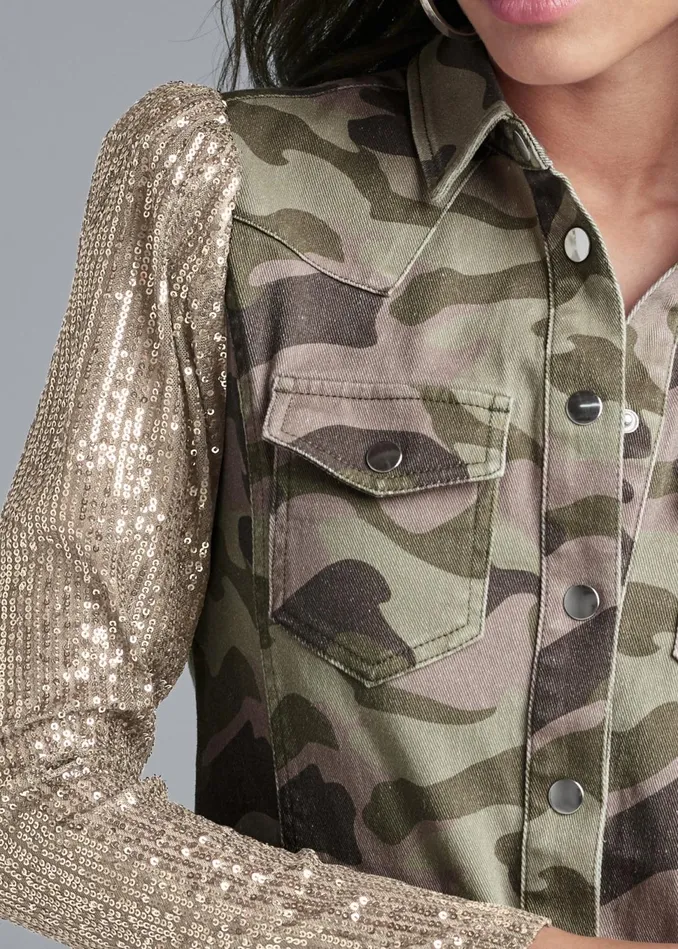 SEQUIN SLEEVE CAMO TOP Olive Multi Women VENUS Night Out Tops