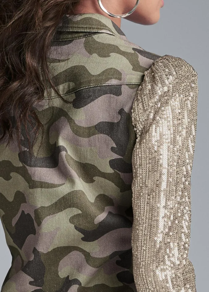 SEQUIN SLEEVE CAMO TOP Olive Multi Women VENUS Night Out Tops