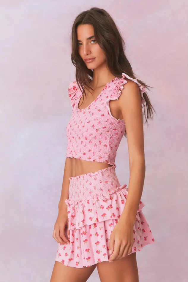 Skirts WomenKids LoveShackFancy Ohana Printed Smocked Mini Skirt Cherry Pink