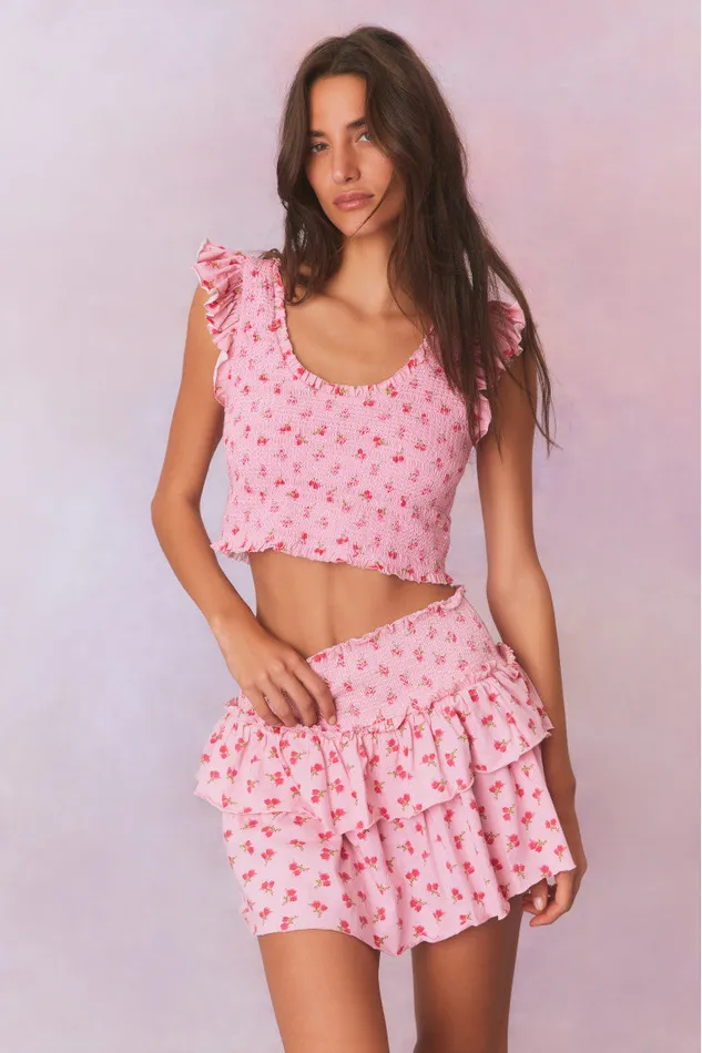 Skirts WomenKids LoveShackFancy Ohana Printed Smocked Mini Skirt Cherry Pink
