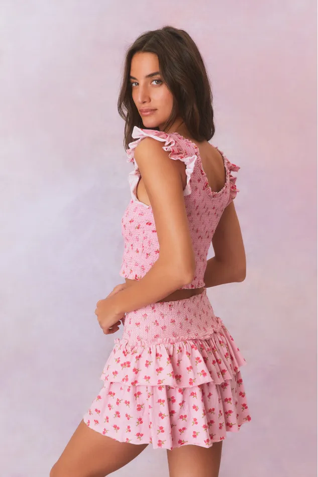 Skirts WomenKids LoveShackFancy Ohana Printed Smocked Mini Skirt Cherry Pink