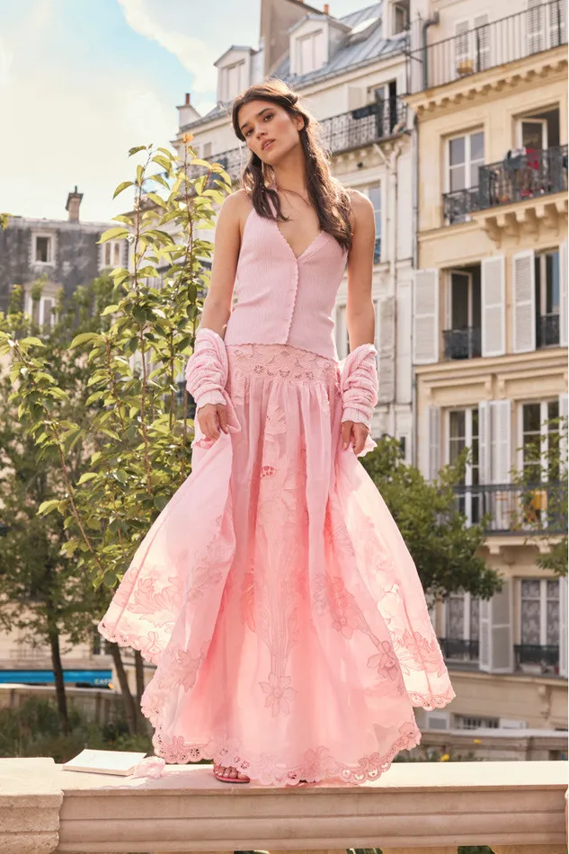 Skirts Women LoveShackFancy Burano Bouquet Applique Embroidered Maxi Skirt Pamela Pink