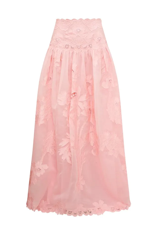 Skirts Women LoveShackFancy Burano Bouquet Applique Embroidered Maxi Skirt Pamela Pink