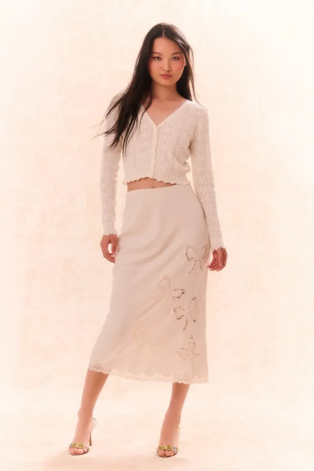 Skirts Women LoveShackFancy Darion Scallop Lace Bow Midi Skirt Cream
