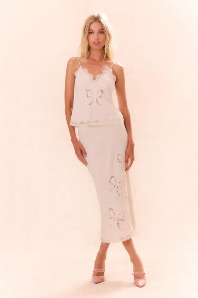 Skirts Women LoveShackFancy Darion Scallop Lace Bow Midi Skirt Cream