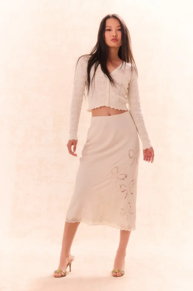 Skirts Women LoveShackFancy Darion Scallop Lace Bow Midi Skirt Cream