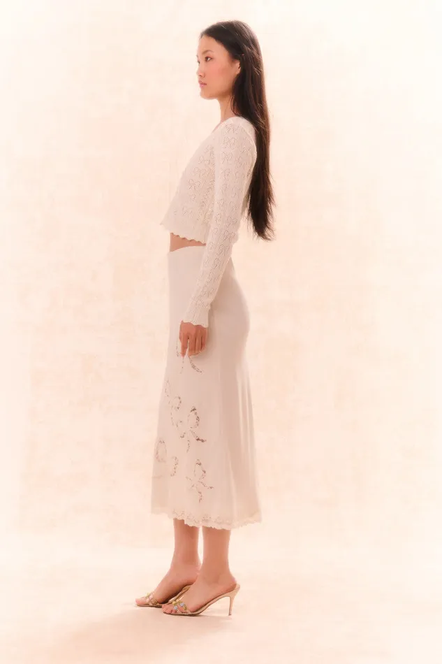 Skirts Women LoveShackFancy Darion Scallop Lace Bow Midi Skirt Cream