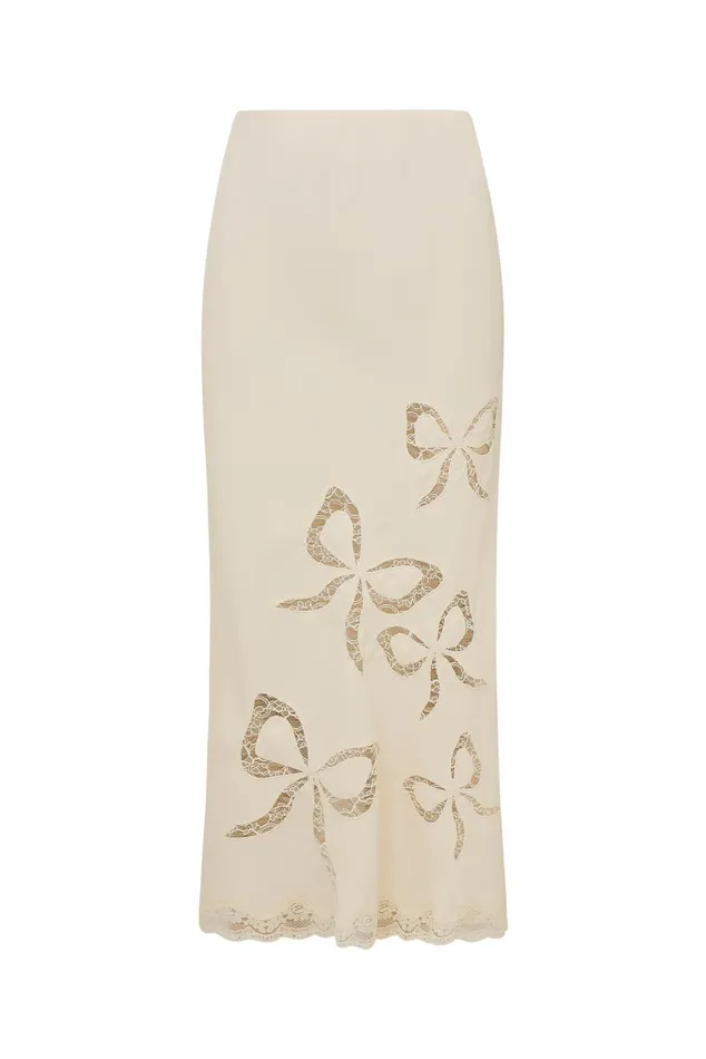 Skirts Women LoveShackFancy Darion Scallop Lace Bow Midi Skirt Cream