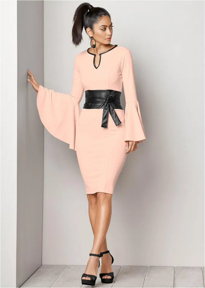 SLEEVE DETAIL BELTED DRESS Light Pink Women VENUS Midi Dresses