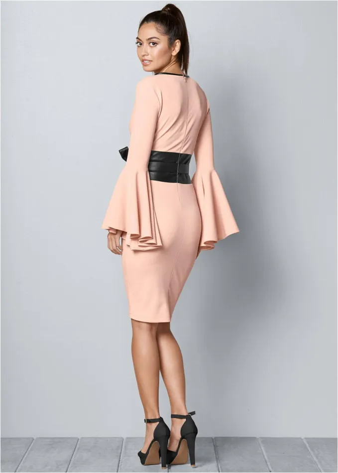 SLEEVE DETAIL BELTED DRESS Light Pink Women VENUS Midi Dresses