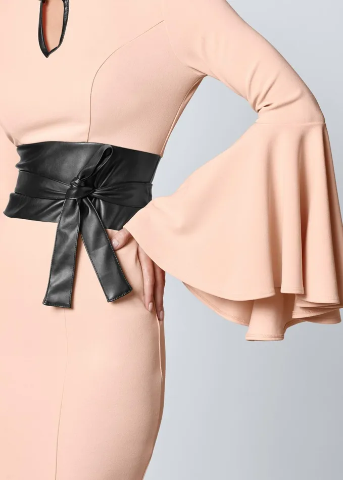 SLEEVE DETAIL BELTED DRESS Light Pink Women VENUS Midi Dresses