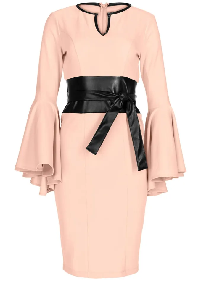 SLEEVE DETAIL BELTED DRESS Light Pink Women VENUS Midi Dresses