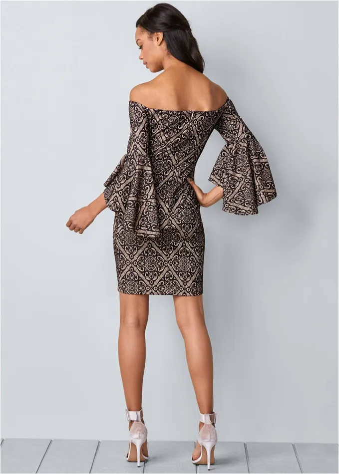 SLEEVE DETAIL DRESS Black and Beige Women VENUS Midi Dresses