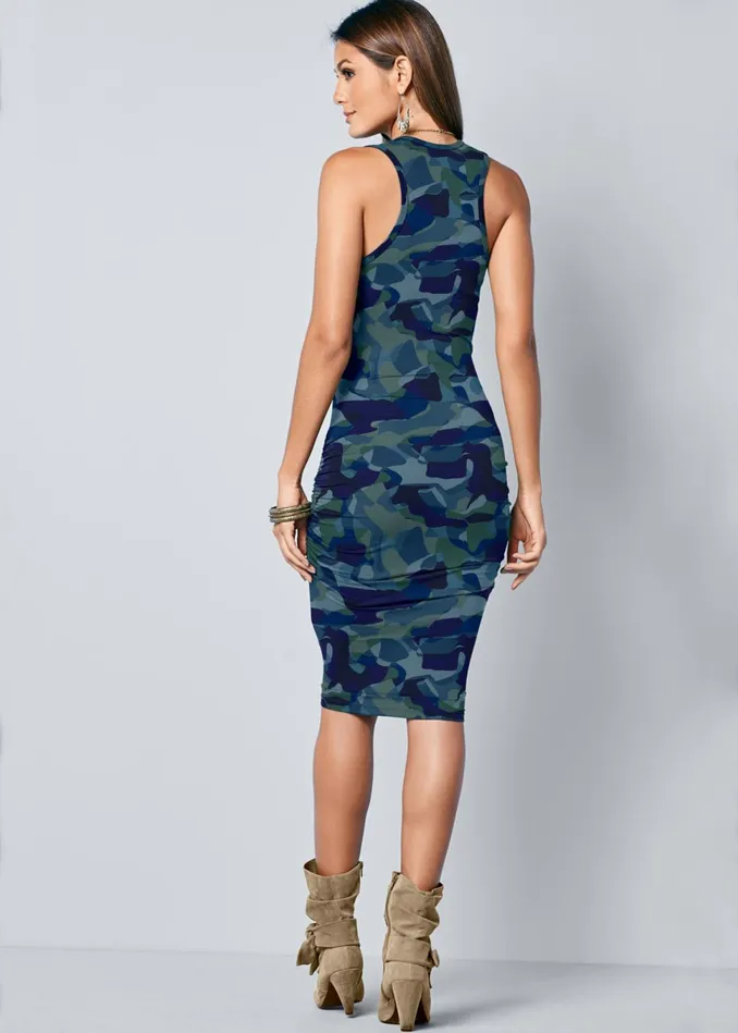 SLEEVELESS RUCHED BODYCON MIDI DRESS Blue Multi Women VENUS Casual Dresses