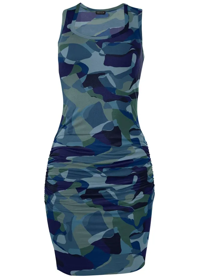 SLEEVELESS RUCHED BODYCON MIDI DRESS Blue Multi Women VENUS Casual Dresses