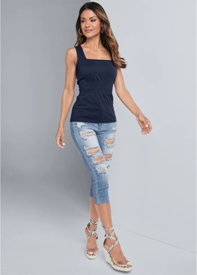 SMOCKED SQUARE NECK TOP Navy Women VENUS Casual Tops
