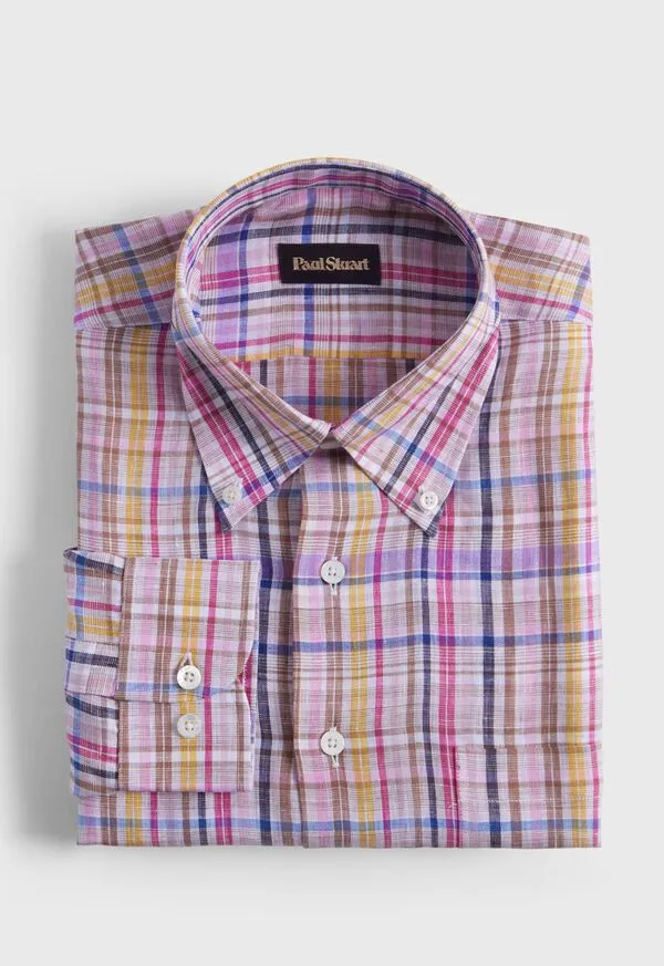 Sport Shirts Paulstuart Mens Linen Multicolor Plaid Sport Shirt PinkPurple