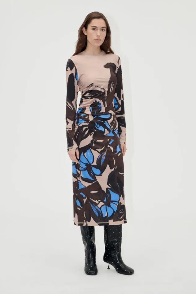 Stine Goya Dresses Gathered Long Sleeve Midi Dress 8211 Eccentric Floral 8211 Women