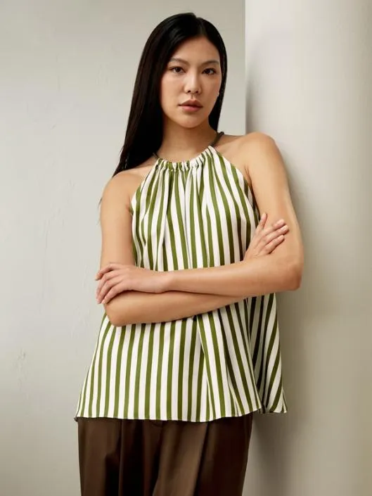 Striped Sleeveless Halter Neck Silk Top Women Lilysilk Tops