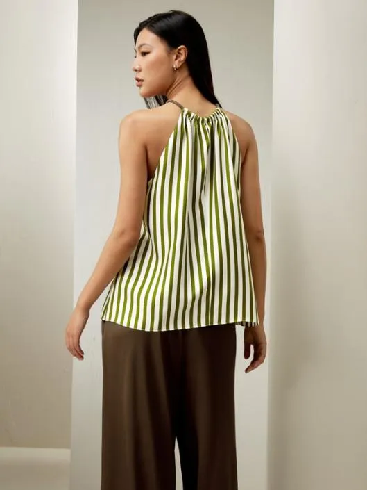 Striped Sleeveless Halter Neck Silk Top Women Lilysilk Tops