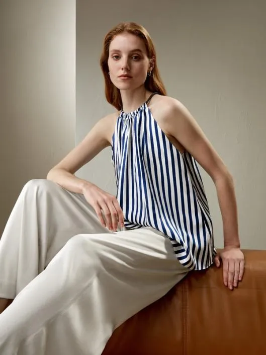 Striped Sleeveless Halter Neck Silk Top Women Lilysilk Tops