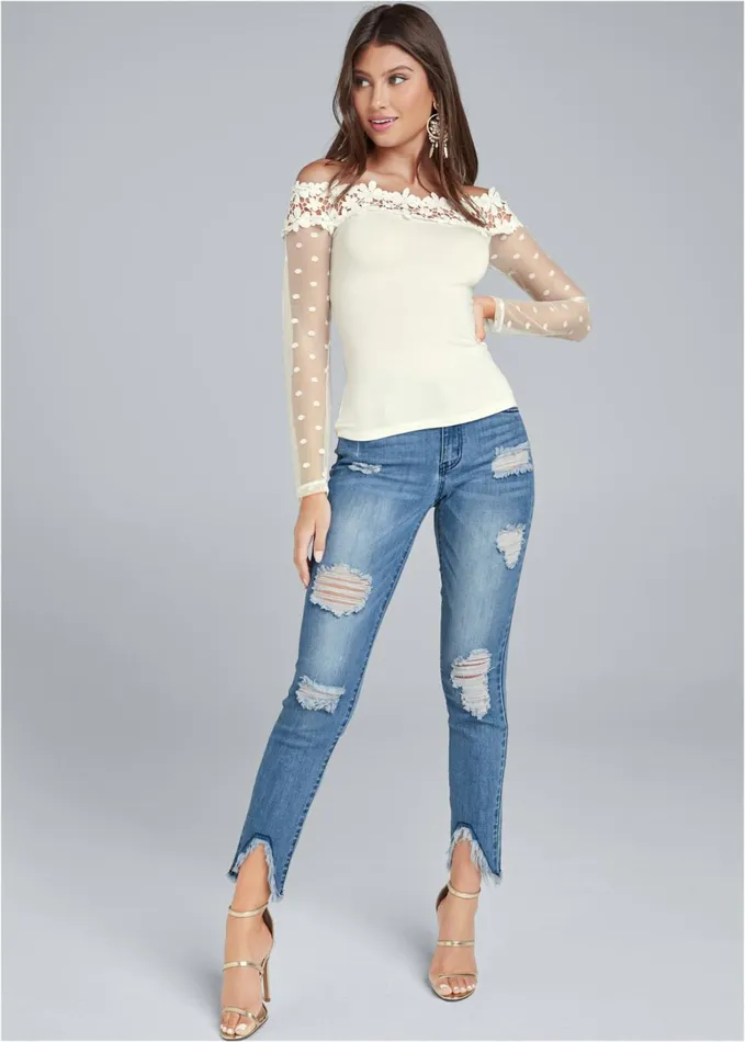 SWISS DOT LACE TOP White Women VENUS Night Out Tops