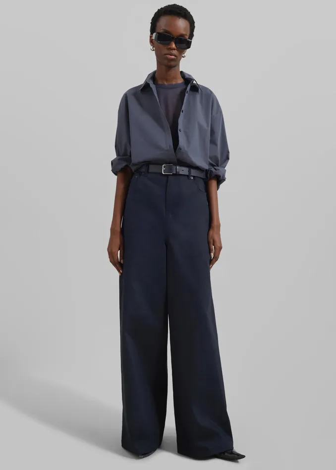 The Frankie Shop Bottoms Sasha Wide Leg Twill Pants 8211 Navy 8211 Women