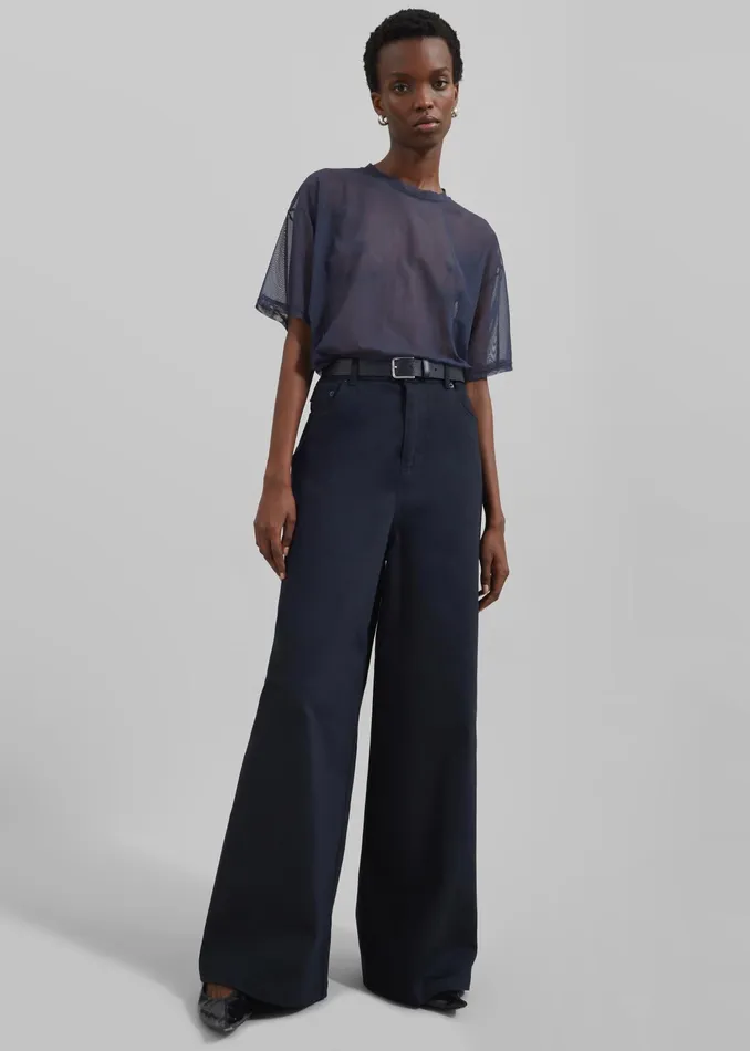 The Frankie Shop Bottoms Sasha Wide Leg Twill Pants 8211 Navy 8211 Women
