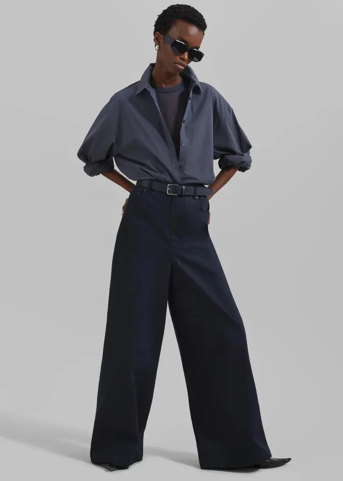 The Frankie Shop Bottoms Sasha Wide Leg Twill Pants 8211 Navy 8211 Women