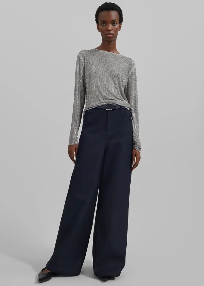 The Frankie Shop Bottoms Sasha Wide Leg Twill Pants 8211 Navy 8211 Women