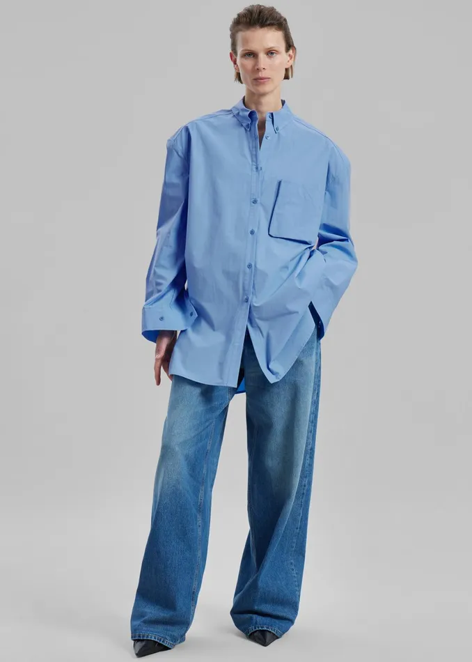 The Frankie Shop Tops Brenna Padded Button Up Shirt 8211 Blue 8211 Women