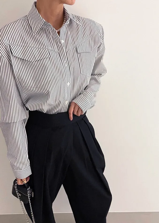 The Frankie Shop Tops Jeanne Padded Shirt 8211 Black Stripe 8211 Women