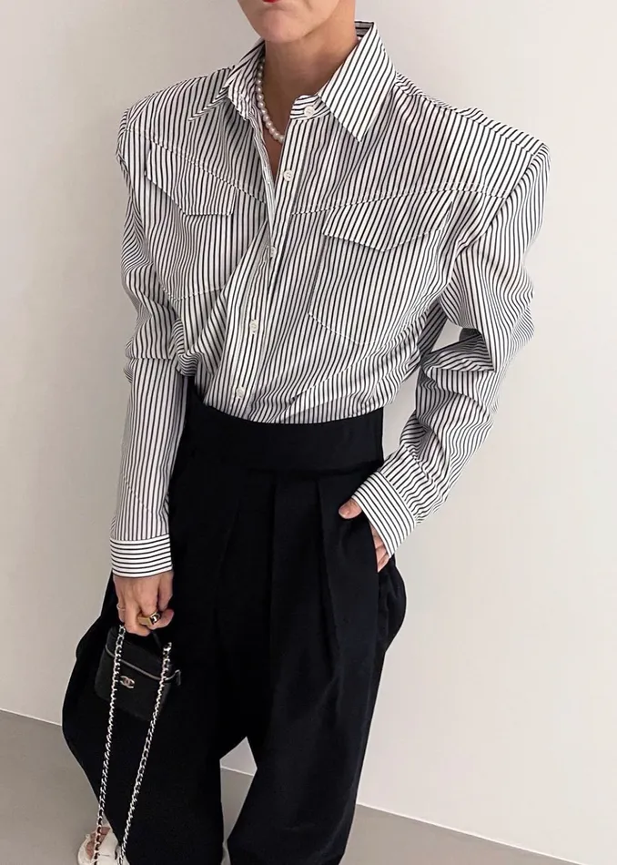 The Frankie Shop Tops Jeanne Padded Shirt 8211 Black Stripe 8211 Women