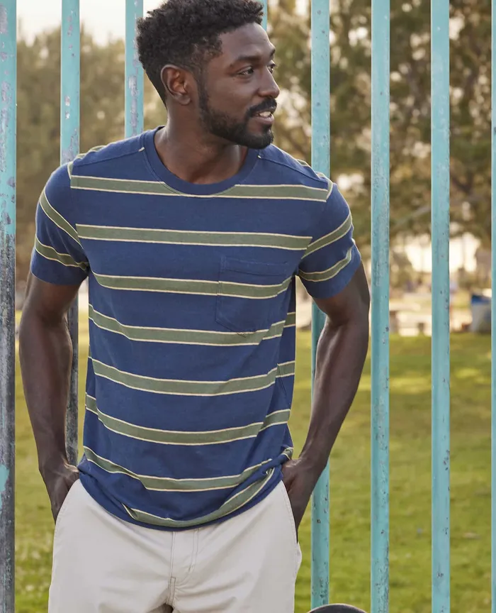 ToadandCo Grom Hemp Short Sleeve Tee True Navy Wide Stripe Men8217s TShirts